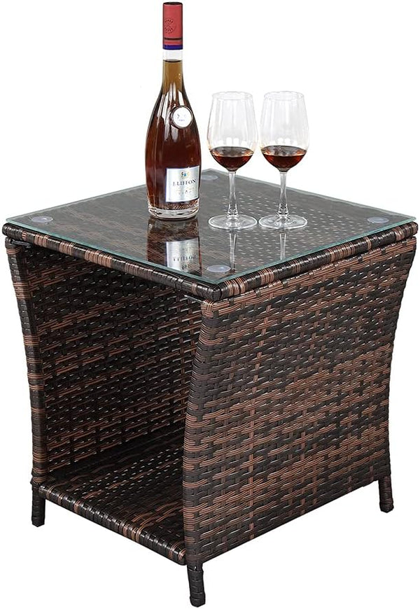 Rpuzonier Wicker Rattan Side Table, Outdoor Square Rattan Coffee End Table with Tempered