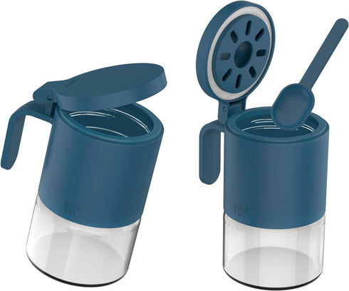 Zuutii Glass Spice Jars, Moisture-Proof Mini Seasoning Storage Jars Set of 2, 10oz with Spoons, Blue