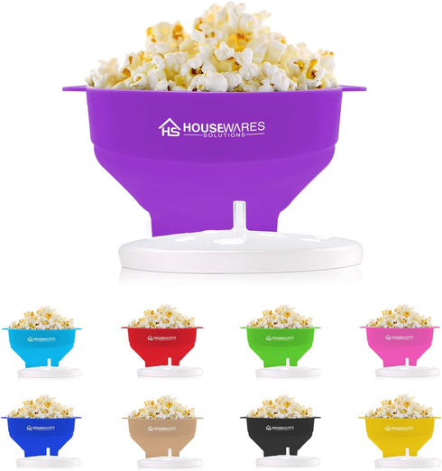 Collapsible Silicone Popcorn Popper Bowl with Lid and Handles, Microwave Safe (Purple)