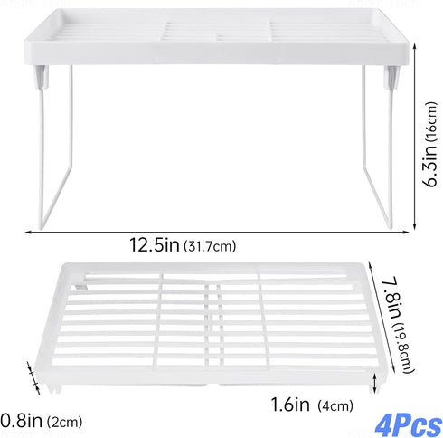NiHome 4-Pack Stackable Plastic Kitchen Storage Shelf, Foldable Rack for Counter Cabinet Pantry, White
