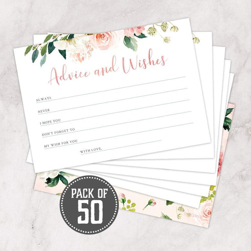 Set of 50 Double Sided Floral Advice and Wishes Cards for Bridal Shower, Baby Shower, Wedding, Graduation, and
