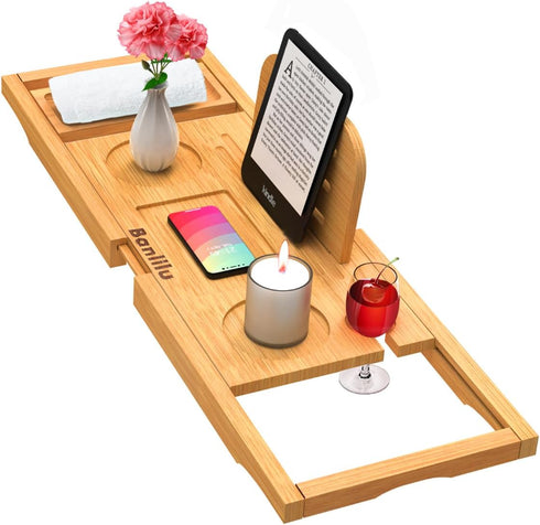 Premium Bamboo Bathtub Tray Caddy - Expandable Bath Tray Table for Most Bathtubs