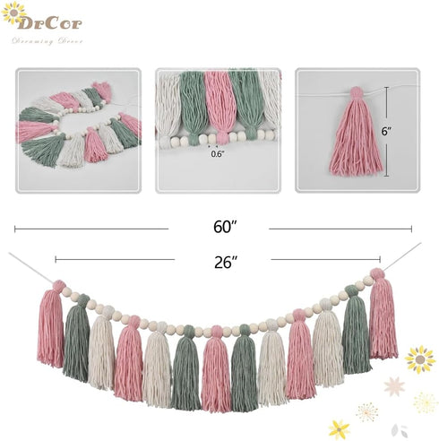 DrCor Pastel Tassel Garland Pink & Sage Green Boho Spring Garland for Nursery, Classroom Decor, Baby Shower, Kids Room