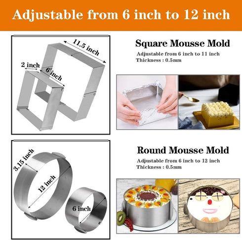 Adjustable Cake Mould Stainless Steel Cake Mousse Ring 6 to 12 Inch, Thickened Cake Ring Mould Set of 2 for Baking,DIY Cake (Round+Square) by Cyimi