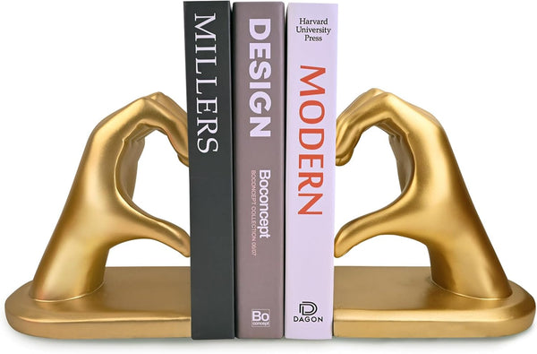 Kityemo Gold Decorative Bookends for Shelves, Heart Hands Book Ends Sculpture Aesthetic Decor