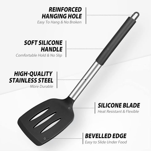 Pack of 4 Large Silicone Cooking Spatulas and Spoons, Non-stick Heat Resistant Kitchen Utensils, Black