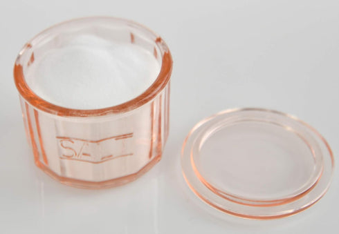 3 1/2" 4" HOME-X Depression Style Pink Glass Salt Cellar with Lid, Retro Kitchen Decor, Wedding Gift - H x D