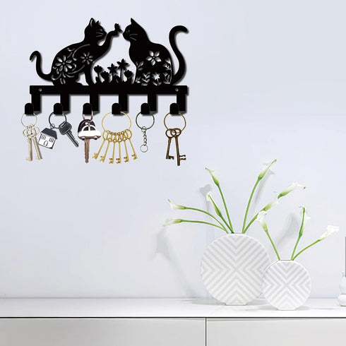 CREATCABIN Cat Metal Key Holder: Wall Mounted Iron Key Hanger with 6 Hooks, Black Rack Organizer for Entryway Decor