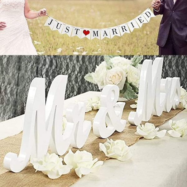 VIOPVERY Large White Mr and Mrs Sign for Wedding Table, Wooden Letters with Just Married Banner