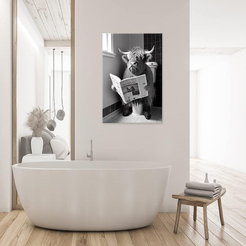 KOEUIRW Funny Highland Cow Bathroom Canvas Wall Art, Black and White Longhorns Poster for Bathroom Decor