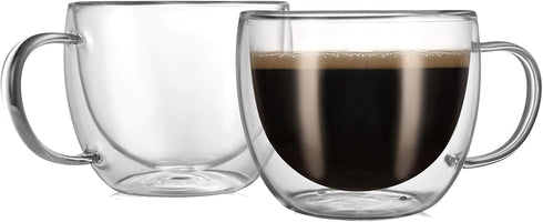 CNGLASS Double Wall Glass Cappuccino Mugs, 8.1oz, Clear Insulated Coffee Mug with Handle, Set of 2