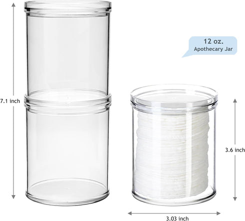 SheeChung 2 Pack Qtip Holder - Stackable Plastic Apothecary Jars with Storage Lids for Bathroom Organization (10oz)