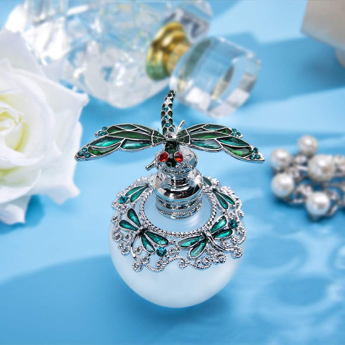 YU FENG 40ml Fancy Empty Crystal Perfume Bottle, Green Dragonfly Stopper, Refillable Glass Container