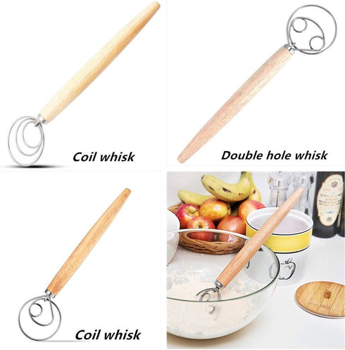 Danish Dough Whisk Sourdough Bread Mixer, 3 Pack Stainless Steel Dough Hook with Wooden Handle