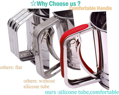 3-Cup Stainless Steel Flour Sifter - Squeeze Sifter for Baking with Compatible Silicone Handle (Red)