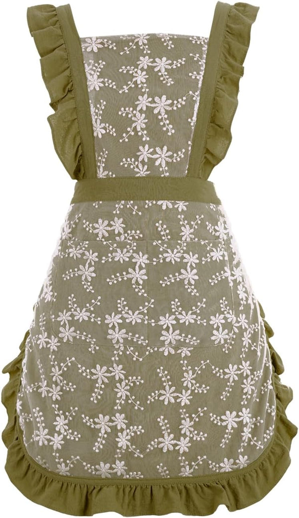Vintage Pinafore Apron Dress for Women, Cute Floral Chef Aprons for Kitchen Cooking and Gardening