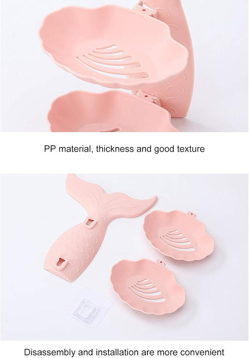Soap Bar Holder, Self Draining Soap Dish, Mermaids Tail Double Layer Soap Dish for Bathroom Kitchen Sink