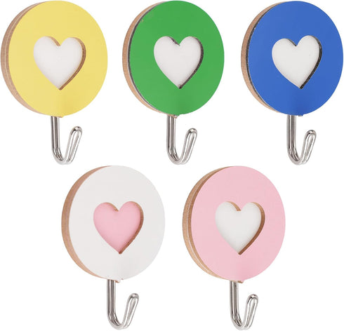 Wooden Double Heart-Shaped Self-Adhesive Hooks, 5pcs Key Holder Coat Hook for Home Office Hotel Wall Decoration