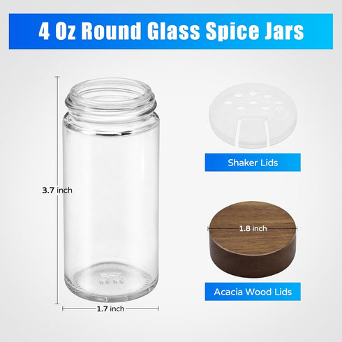 30 Pack 4 oz Set VIBRATITE Spice Jars with Acacia Lids, Round Glass Jars Spice Containers with Labels, Pen, Funnel