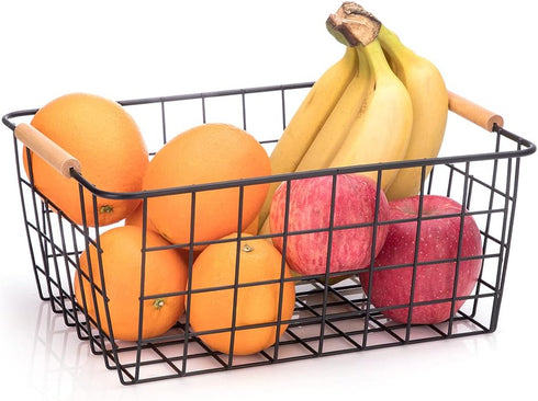 LeleCAT Set of 4 Wire Baskets with Wooden Handles, Wire Storage Organizer Baskets for Household Refrigerator, Cabinets,