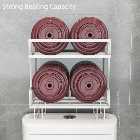 Over The Toilet Storage Shelf, 2-Tier Bathroom Organizer, Punch-Free Home Storage Rack with Hooks, White