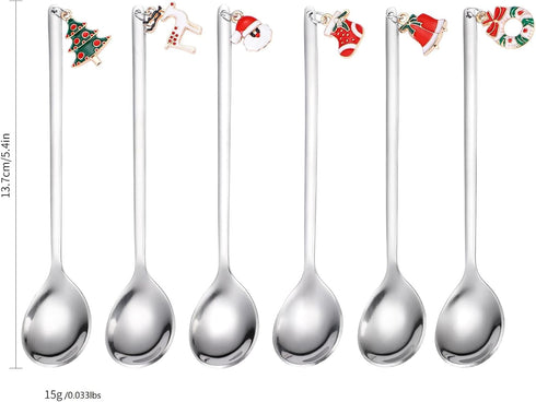 Dessert Spoons Silverware Christmas Silver Small Stainless Steel Flatware 6 Pieces Xmas Decorative Pendants Stirring Utensils for Coffee Tea Drinking Festival Everyday Use