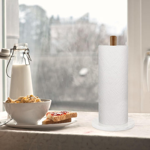 Buruis Wood Paper Towel Holder, Marble Base Decorative Countertop Stand for Kitchen and Bathroom