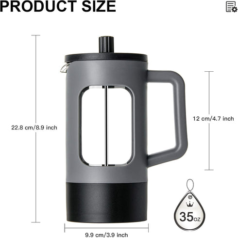YOLIFE 34oz French Press Coffee Maker 4 Cup, Heat-resistant Borosilicate Glass, 4-Level Filters, Portable Cold Brew for Travel, Home (Grey and Black) by YOLIFE