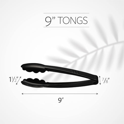 Plasticpro 9'' Heavy Duty Black Tongs, Reusable Kitchen and BBQ Serving Tong, Pack of 12 for Events