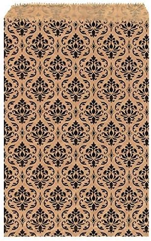 100 pcs 5" x 7" Damask Paper Gift Bags, Brown with Black Damask Design