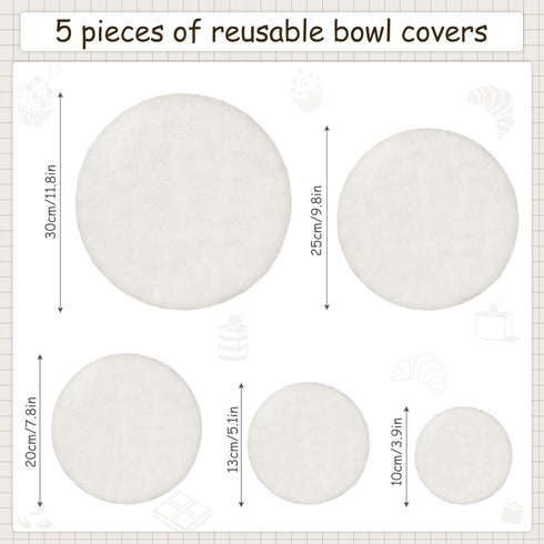 5 Pcs Reusable Bowl Covers 5 Sizes Large Cloth Fabric Bowl Covers Stretch Elastic Food Storage Container Reusable Lids for Bread Proofing Fruit Salads Bread Leftovers(White,No Pattern) by Sunnychicc
