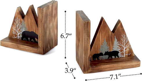 NIKKY HOME Heavy Duty Non Slip Rustic Woodland Mountain Wood Bookend Cute Bear Book Ends Book Stoppers for Cabin Decor