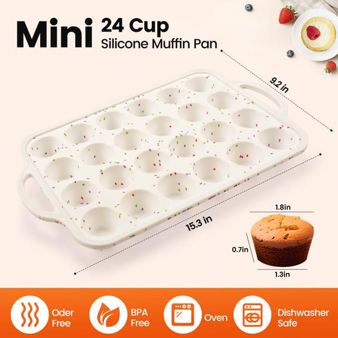 Muffin Pans With Metal Reinforced Frame - 24-Cups Durable Silicone Baking Pan for Muffins, Cupcakes, BPA Free and Dishwasher Safe - Beige with Rainbow Spots, Set of 2