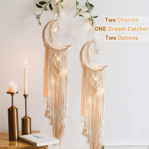 Boho Macrame Woven Wall Hanging, Crochet Crescent Moon Star Dream Catcher, Long Tassel White Cotton Handmade Decor