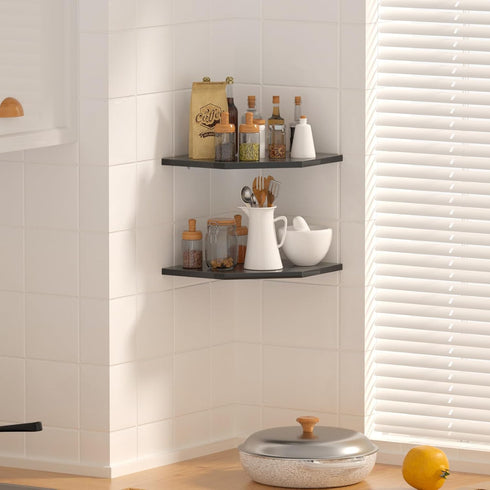 JJL 12 Inch 2 13.3 Inch Corner Shelves, Corner Shelf Wall Mounted with Wire Hole, Tier Deep Wooden Corner Hanging