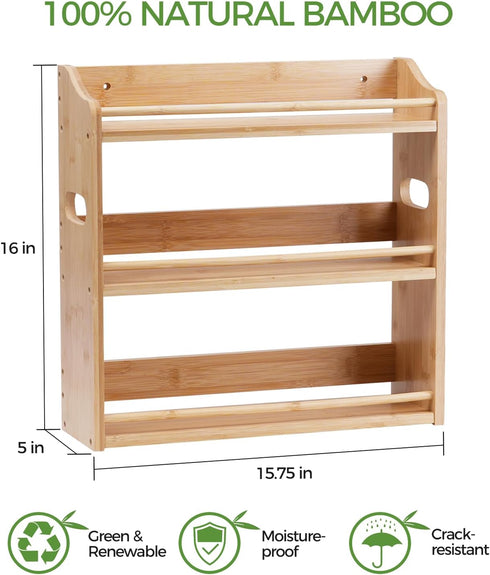 3 Counter Bamboo Spice Rack Organizer, Tier Spice Jars Storage Rack with Handles, Seasoning Shelf for Kitchen or Wall
