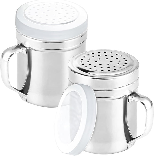 Metal Salt Pepper Dredge Shakers, 2Pcs Stainless Steel Seasoning Jar with Handle, Suitable for Pepper, Cinnamon, Coffee