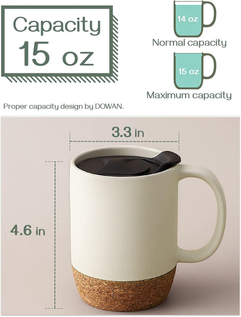 Set 2, 15 OZ DOWAN Coffee Mugs of Ceramic Mug with Cork Bottom and Splash Proof Lid, Large Coffee Cup with Handle