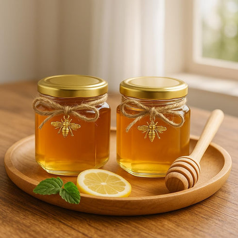 50 Pack 1.5 oz Hexagonal Glass Honey Jars in Bulk with Wooden Dipper Bee Charms Thank You Cards Burlap Fabric Twine