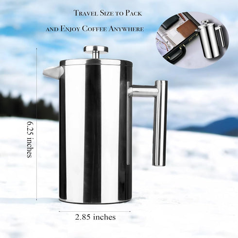 Small Stainless Steel French Press, 12-Ounce, Dual-Filter Coffee Plunger Pot Brewer for Individual Serving