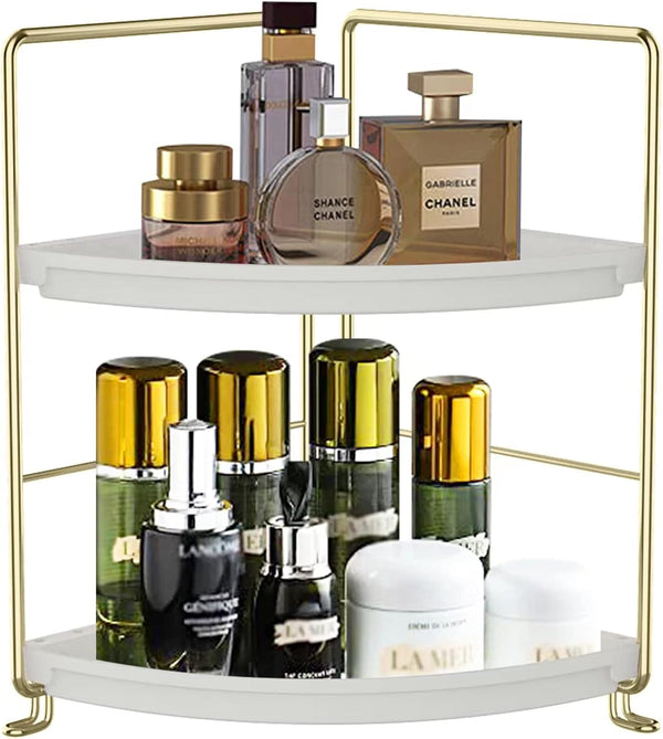 2-Tier Makeup Perfume Counter Organizer, Bathroom Corner Countertop Shelf Vanity Bedroom Storage