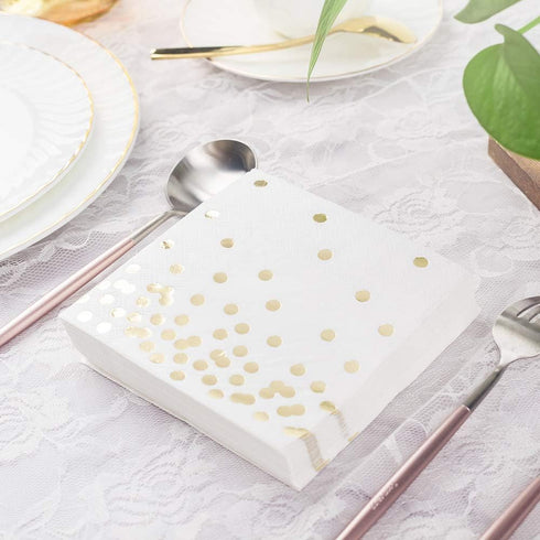 80 Pack of White Paper Cocktail Napkins with Gold Foil Polka Dot Confetti, Polka Dot Party Supplies (5 x 5 in)