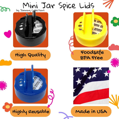 JARMING COLLECTIONS Mini Spice Jar Lids, Plastic Pour & Shaker Lids for Miniature Storage Jars, Made in the USA