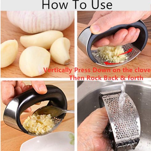 Garlic Press Rocker Stainless Steel - 3-in-1 Garlic Mincer, Peeler Silicone, Brush, Pounding Tool Mincer Masher