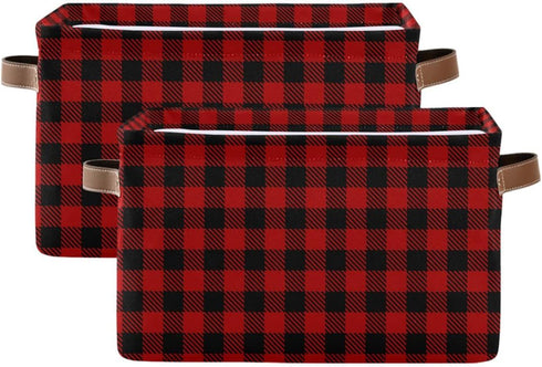 Christmas Red Buffalo Plaid Storage Basket, Fabric Laundry Baskets for Winter Holiday Decorations, 16×12×8 Inches