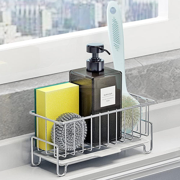 Kitchen Countertop Sponge Holder, SUS 304 Stainless Steel Dish Soap Organizer, Basket for Cleaning Tools, Sink Brush