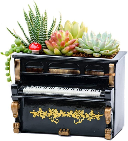 Wooden Pots, Mini Flowerpot, Retro Resin Succulent Planter Bonsai Pot Desk Holder Mini Ornament (Piano Black)