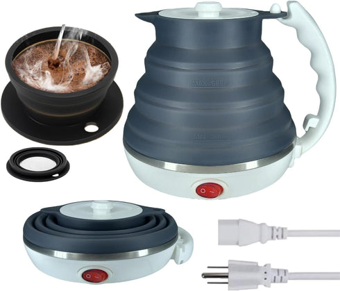 Travel Electric Kettle Small, Collapsible Portable Tea Kettle + Paperless Pour Over Coffee Dripper for Camping (Black)