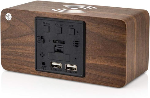 OCT17 Alarm Clock with Qi Wireless Charging Pad Compatible with iPhone Samsung, Brown Wood LED Digital Clock with Sound