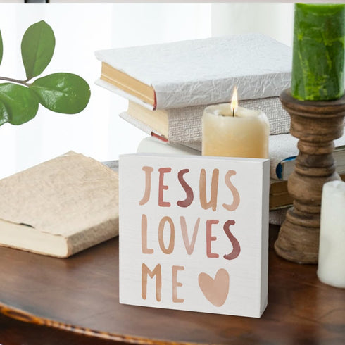 5x5 Baby Girls Nursery Decor - Jesus Loves Me Christian Gifts Wood Sign Wall Art Decoration, Boho Neutral Bible Verse